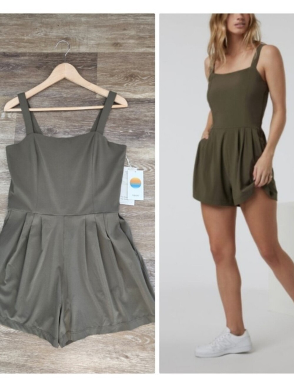 Vuori Villa Cami Romper Dark Oregano NWT Stretch Smocked Bodice Pockets Pleats